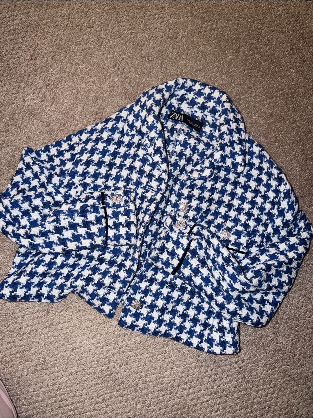 Zara Blue and White Houndstooth Tweed knit Blazer